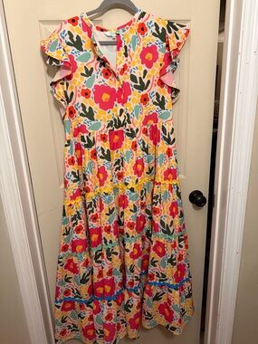 CROSBY by Mollie Burch Floral Tiered Midi Dress in White, Pink, Yellow